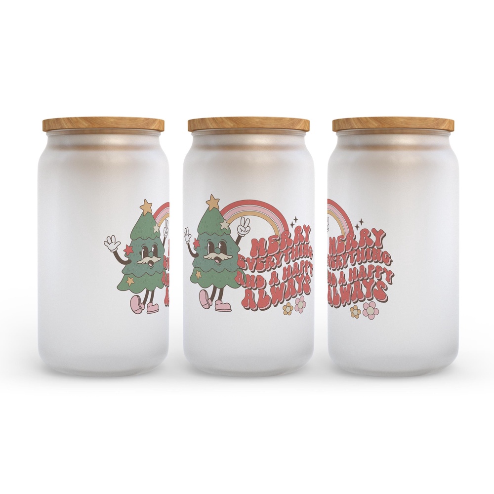 Frosted Glass Can, Valentine Gift, Merry Everything and Happy a Always Retro Christmas Frosted Glass Can Tumbler
