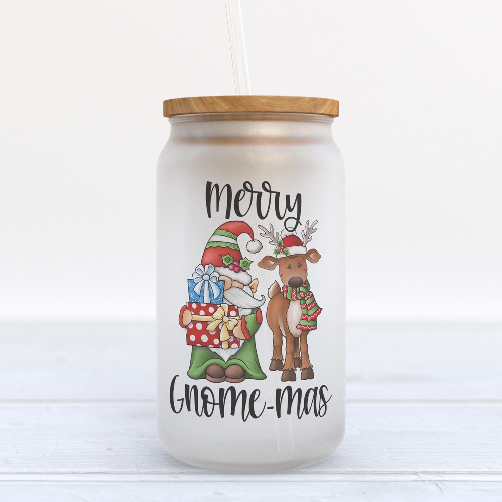 Frosted Glass Can, Valentine Gift, Merry Gnome-mas Christmas Frosted Glass Can Tumbler