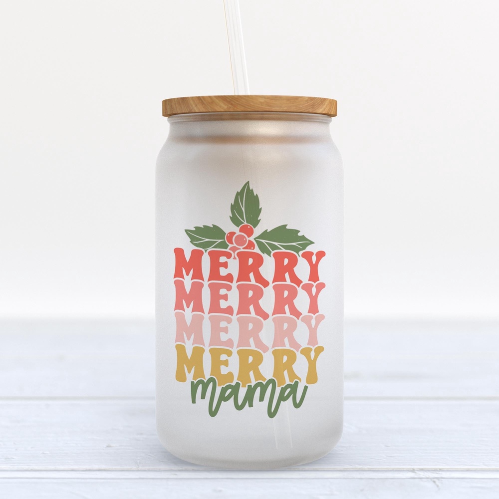 Frosted Glass Can, Valentine Gift, Merry Mama Retro Christmas Frosted Glass Can Tumbler