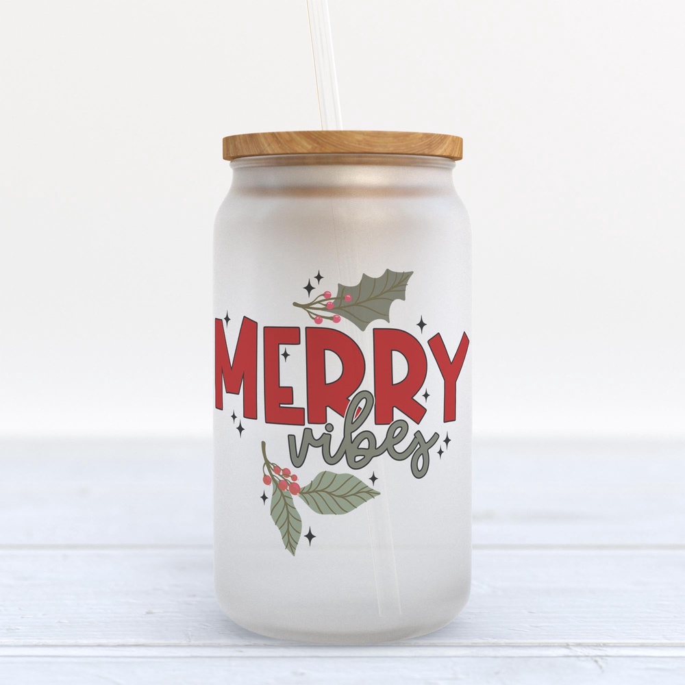 Frosted Glass Can, Valentine Gift, Merry Vibes Christmas Frosted Glass Can Tumbler