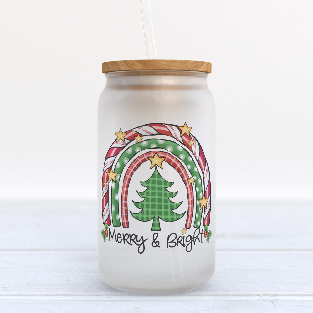 Frosted Glass Can, Valentine Gift, Merry and Bright Christmas Rainbow Frosted Glass Can Tumbler