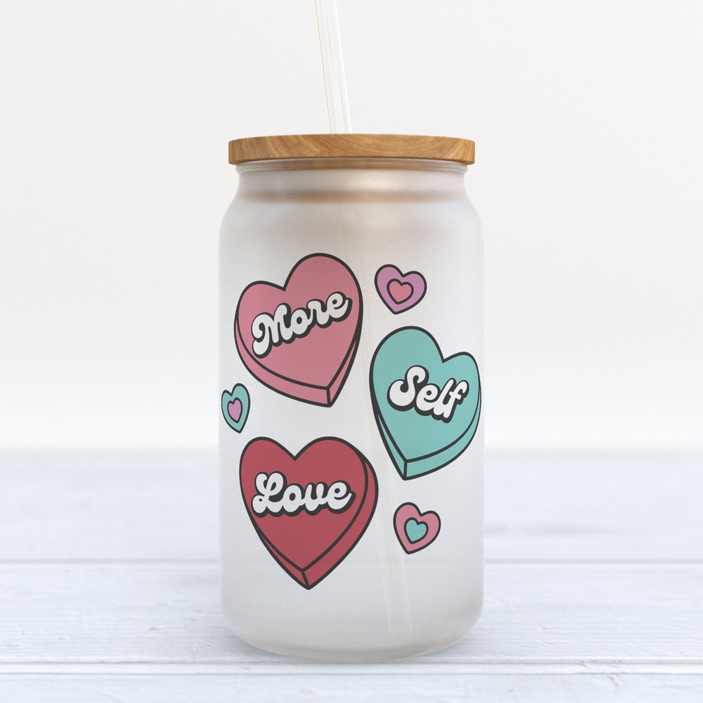 Frosted Glass Can, Valentine Gift, More Self Love Candy Hearts Frosted Glass Can Tumbler