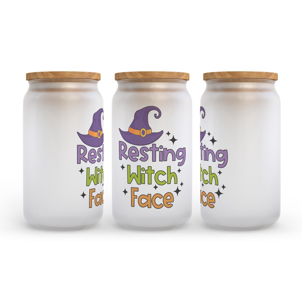 Frosted Glass Can, Valentine Gift, Resting Witch Face Halloween Frosted Glass Can Tumbler Frosted Glass Can, Valentine Gift, Resting Witch Face Halloween Frosted Glass Can Tumbler
