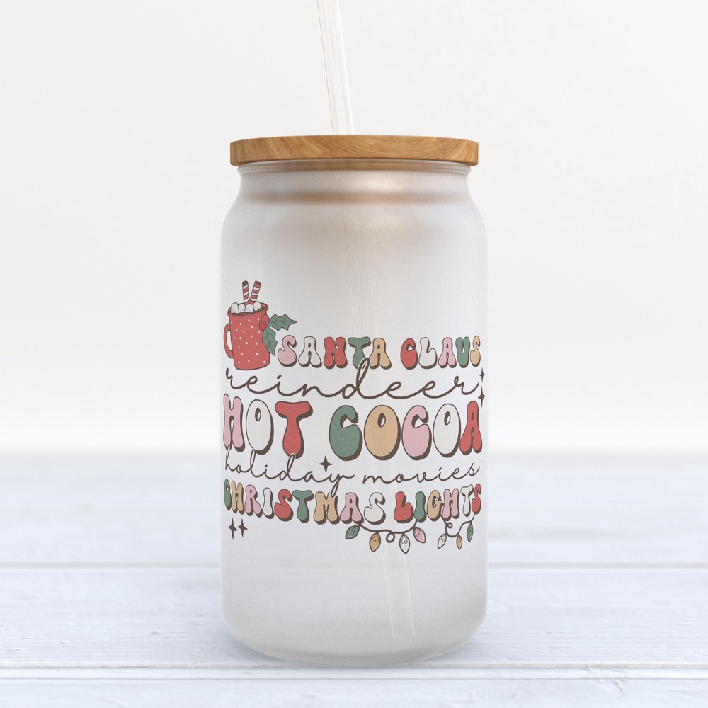 Frosted Glass Can, Valentine Gift, Santa Claus Hot Cocoa Christmas Lights Retro Frosted Glass Can Tumbler