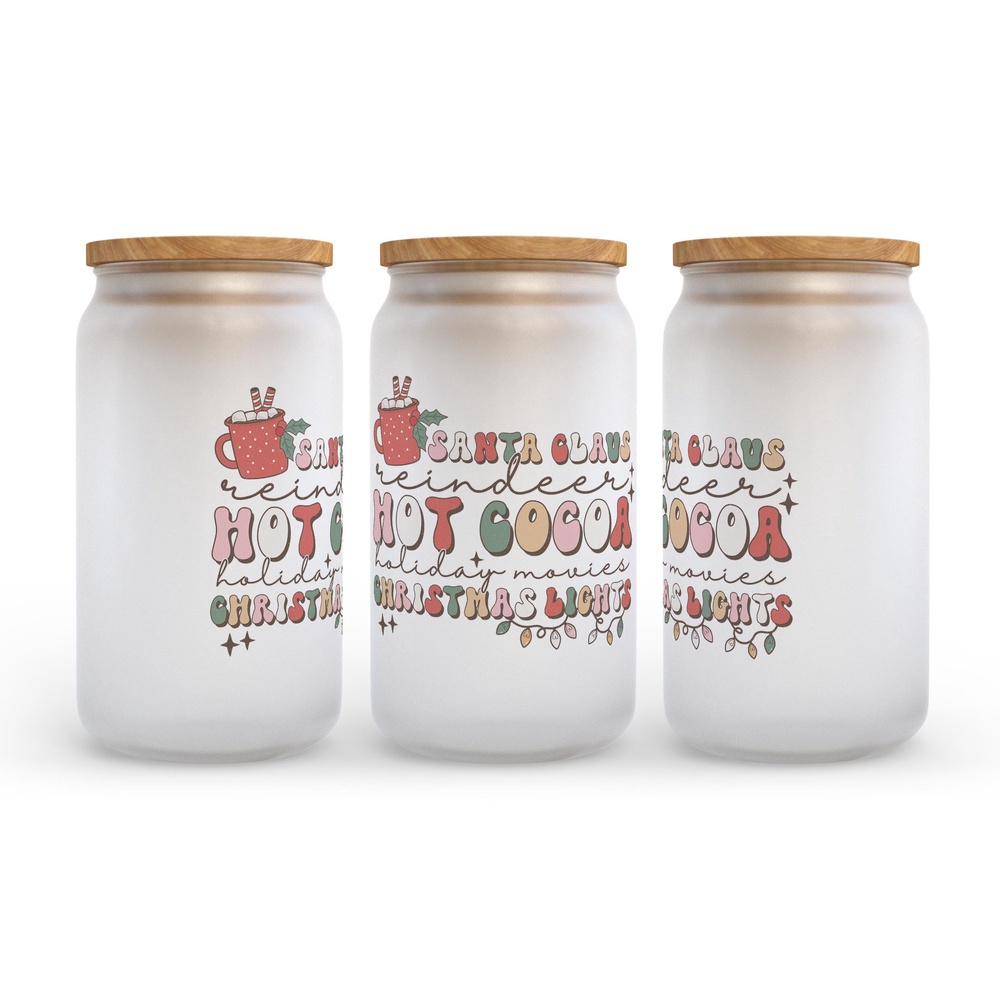 Frosted Glass Can, Valentine Gift, Santa Claus Hot Cocoa Christmas Lights Retro Frosted Glass Can Tumbler