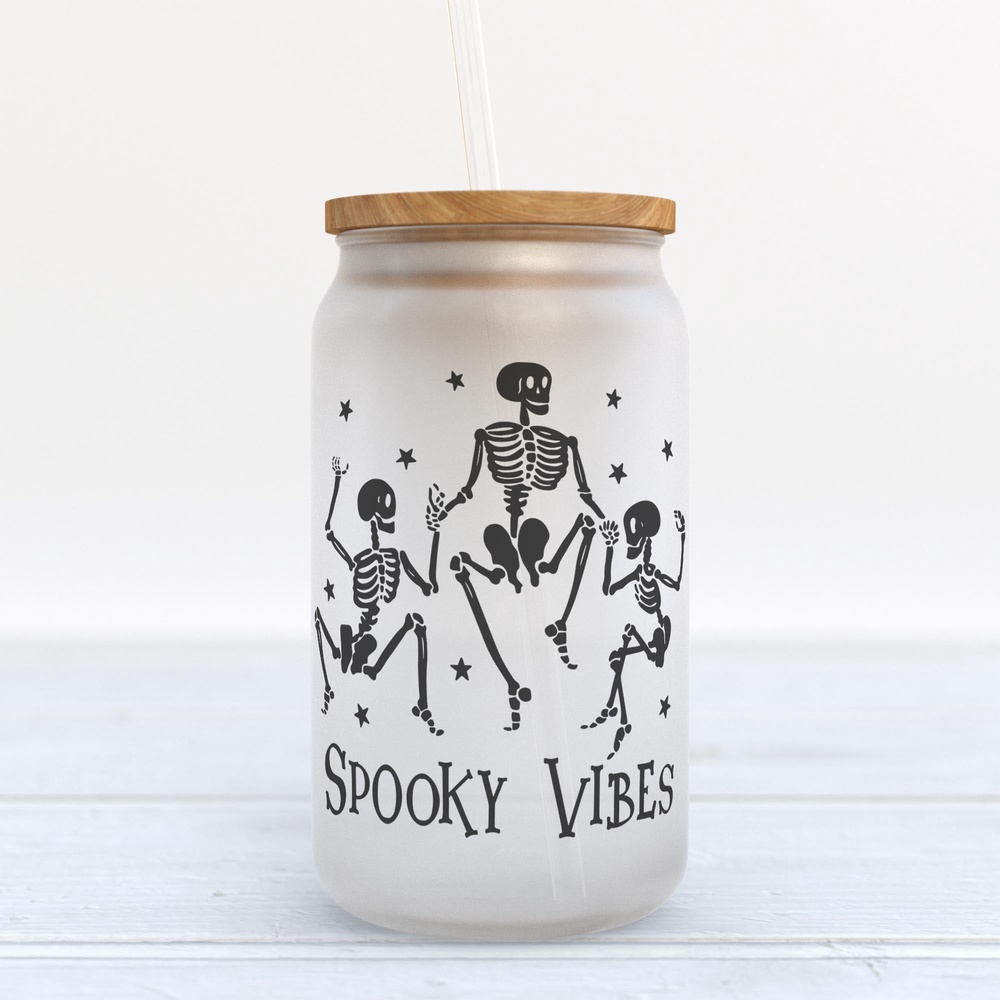 Frosted Glass Can, Valentine Gift, Spooky Vibes Halloween Frosted Glass Can Tumbler Frosted Glass Can, Valentine Gift, Spooky Vibes Halloween Frosted Glass Can Tumbler
