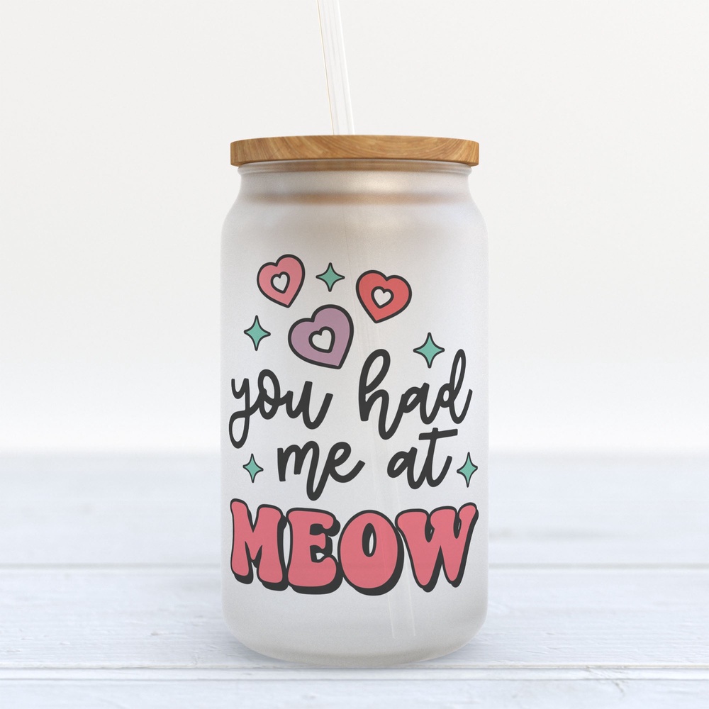 Frosted Glass Can, Valentine Gift, You Had Me at Meow Frosted Glass Can Tumbler
