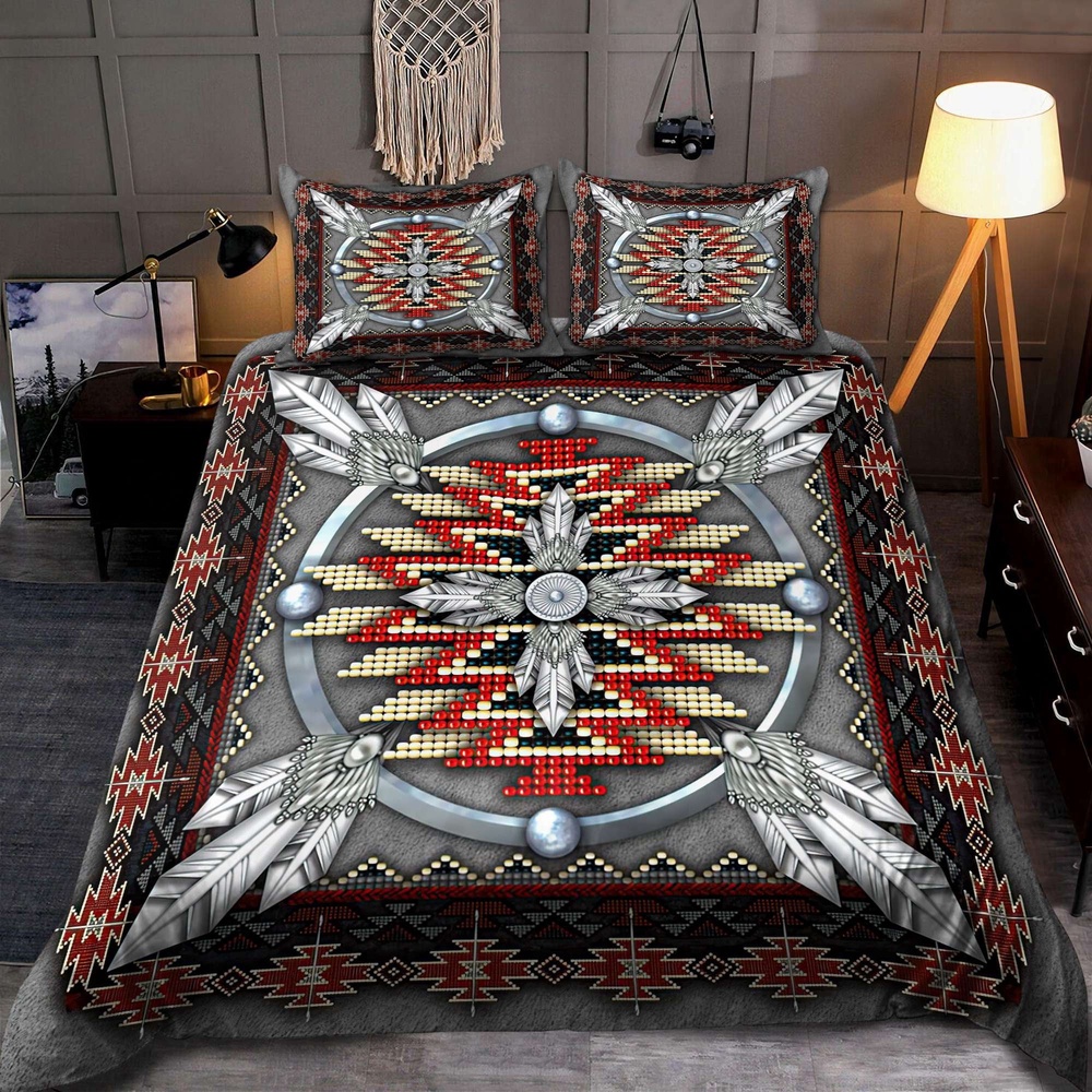 Native American Bedding Set, Beading Grey Pattern Native American Bedding Set, Native Bed Set