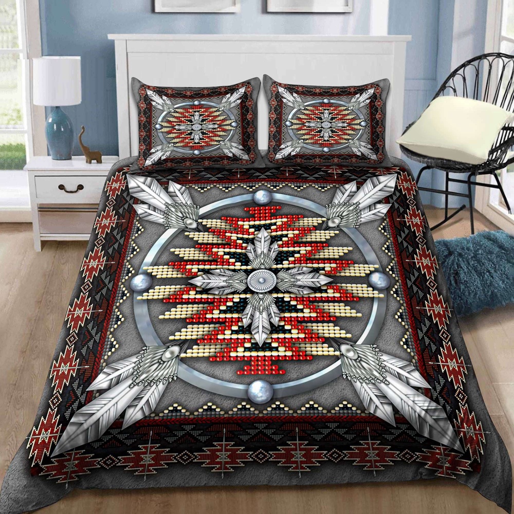 Native American Bedding Set, Beading Grey Pattern Native American Bedding Set, Native Bed Set