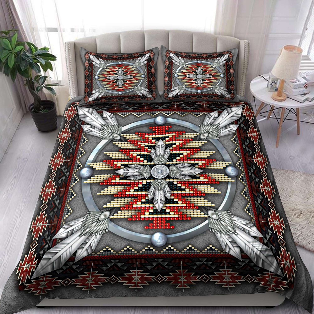 Native American Bedding Set, Beading Grey Pattern Native American Bedding Set, Native Bed Set