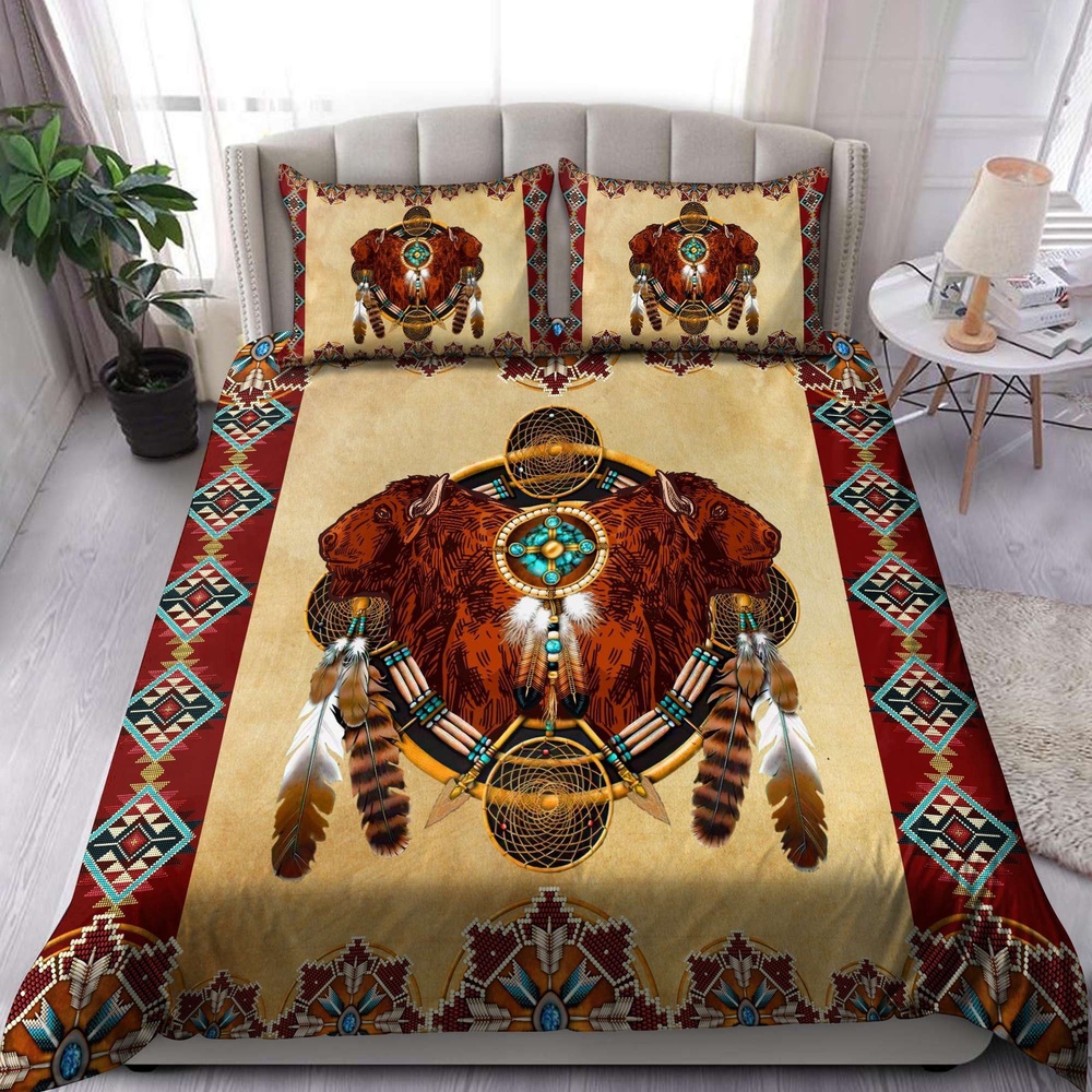 Native American Bedding Set, Bison Motifs Native American All Over Printed Bedding Set, Native Bed Set