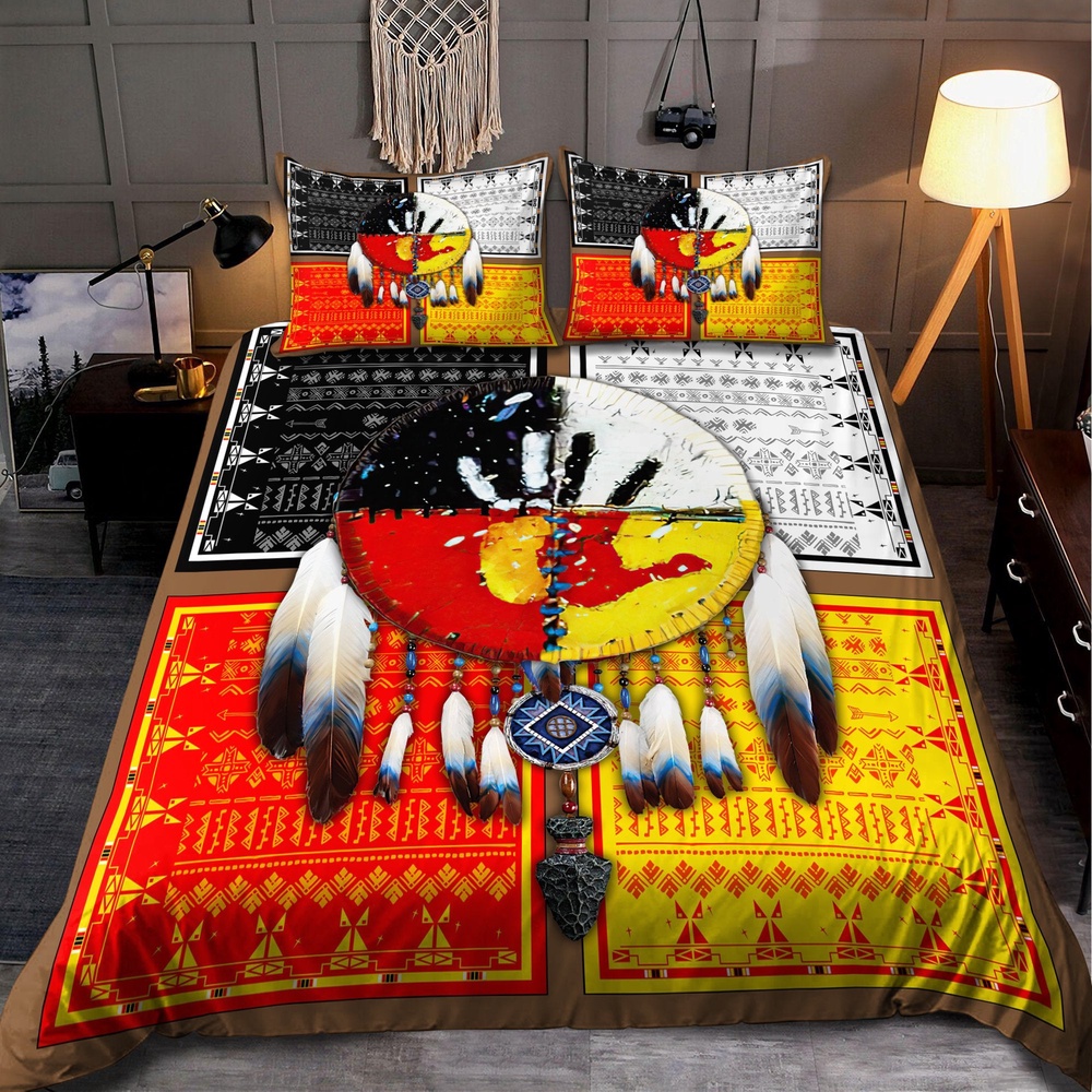 Native American Bedding Set, Dreamcatcher Red Hand Native American Bedding Set, Native Bed Set
