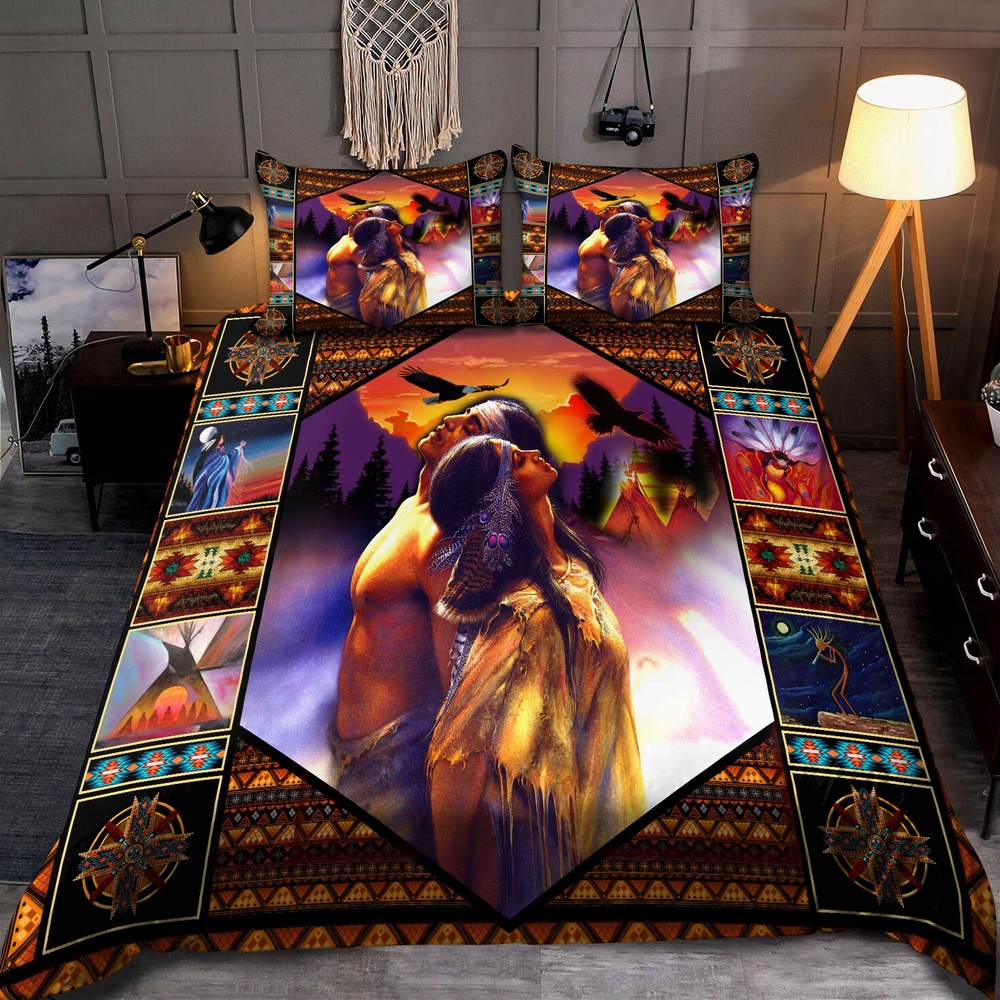 Native American Bedding Set, Man And Girl Native American Bedding Set, Native Bed Set