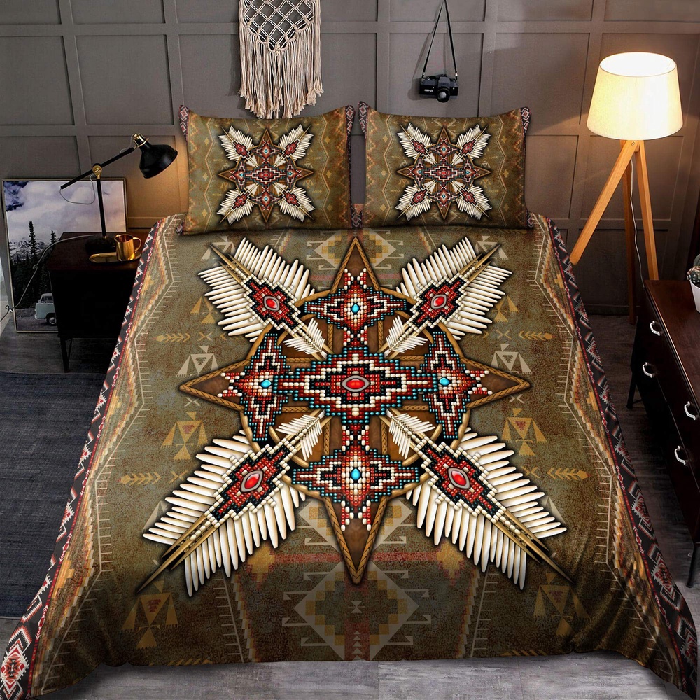 Native American Bedding Set, Red Beading Native American Bedding Set, Native Bed Set