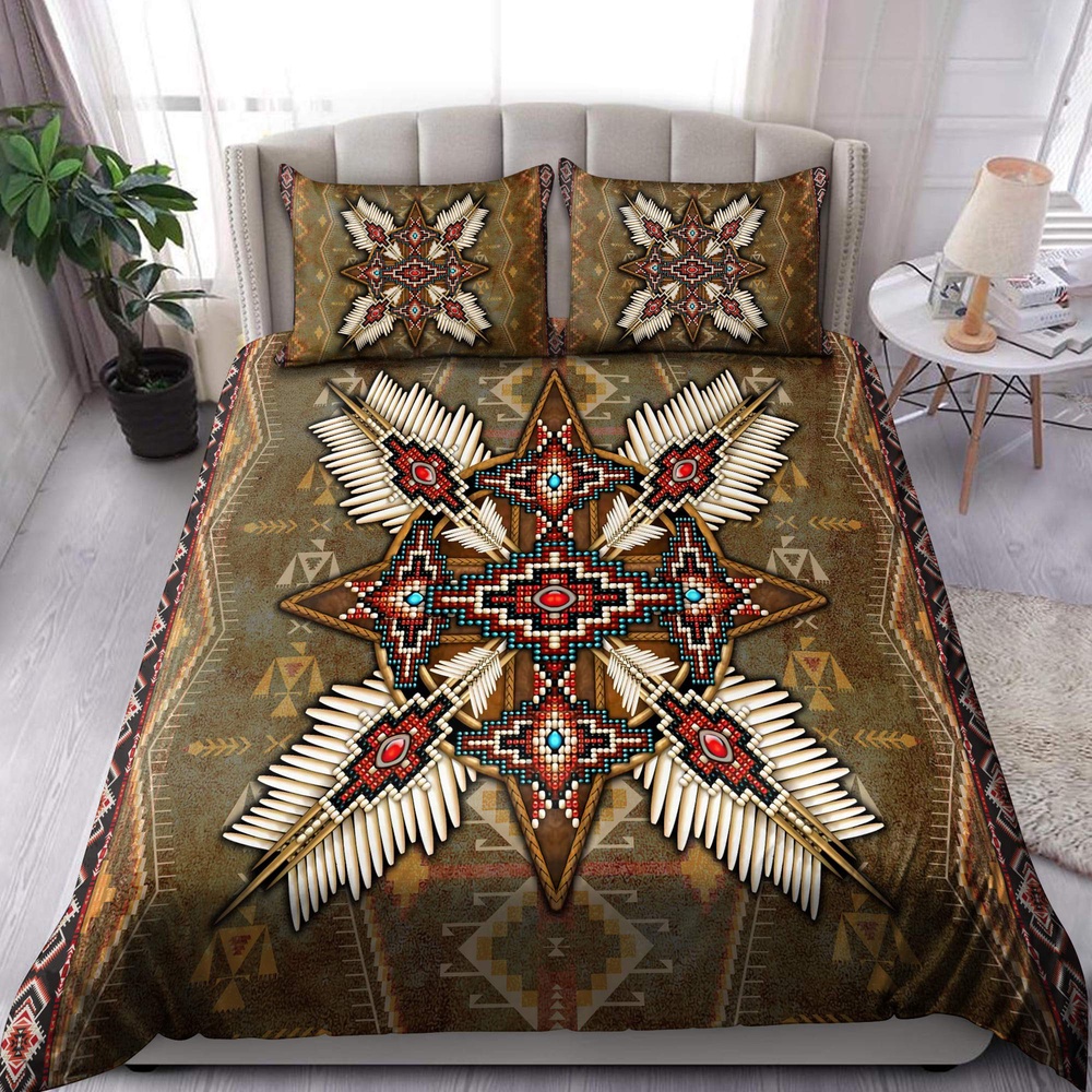 Native American Bedding Set, Red Beading Native American Bedding Set, Native Bed Set