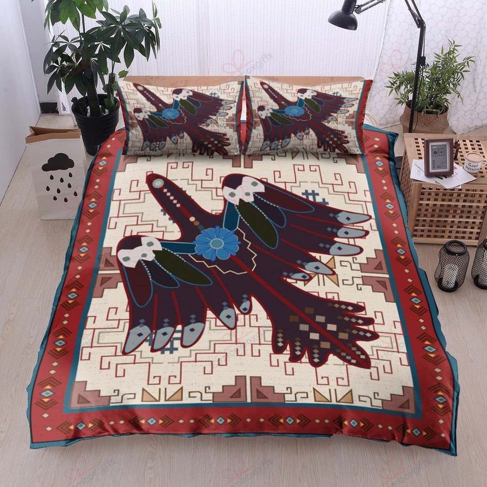 Native American Bedding Set, Red Bird Pattern Native American Bedding Set, Native Bed Set