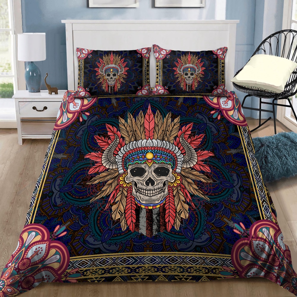 Native American Bedding Set, Skull Flower Pattern Native American Bedding Set, Native Bed Set