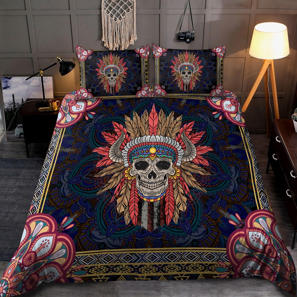 Native American Bedding Set, Skull Flower Pattern Native American Bedding Set, Native Bed Set
