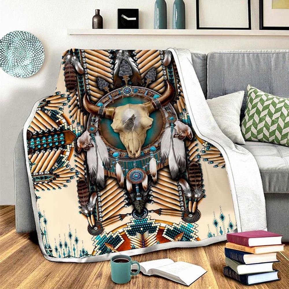 Native American Blanket, Buffalo Head Motifs Fleece Blanket, Native Blankets