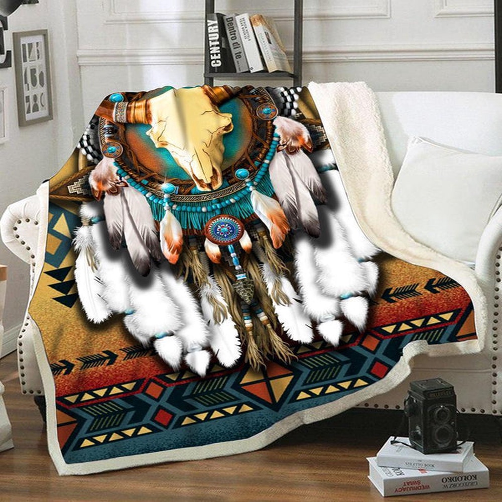 Native American Blanket, Native Bull Patterns Fleece Blanket, Native Blankets