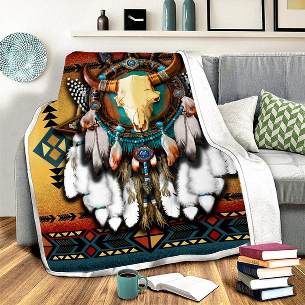 Native American Blanket, Native Bull Patterns Fleece Blanket, Native Blankets