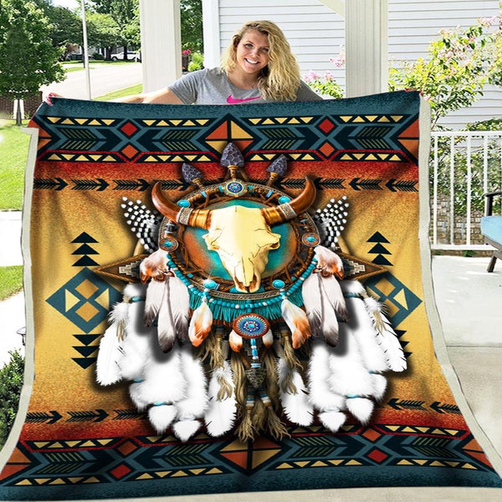 Native American Blanket, Native Bull Patterns Fleece Blanket, Native Blankets