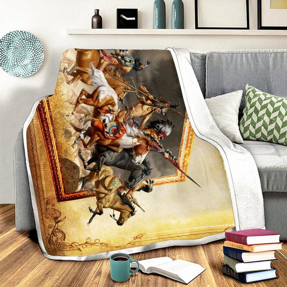 Native American Blanket, Native Warriors Art Fleece Blanket, Native Blankets