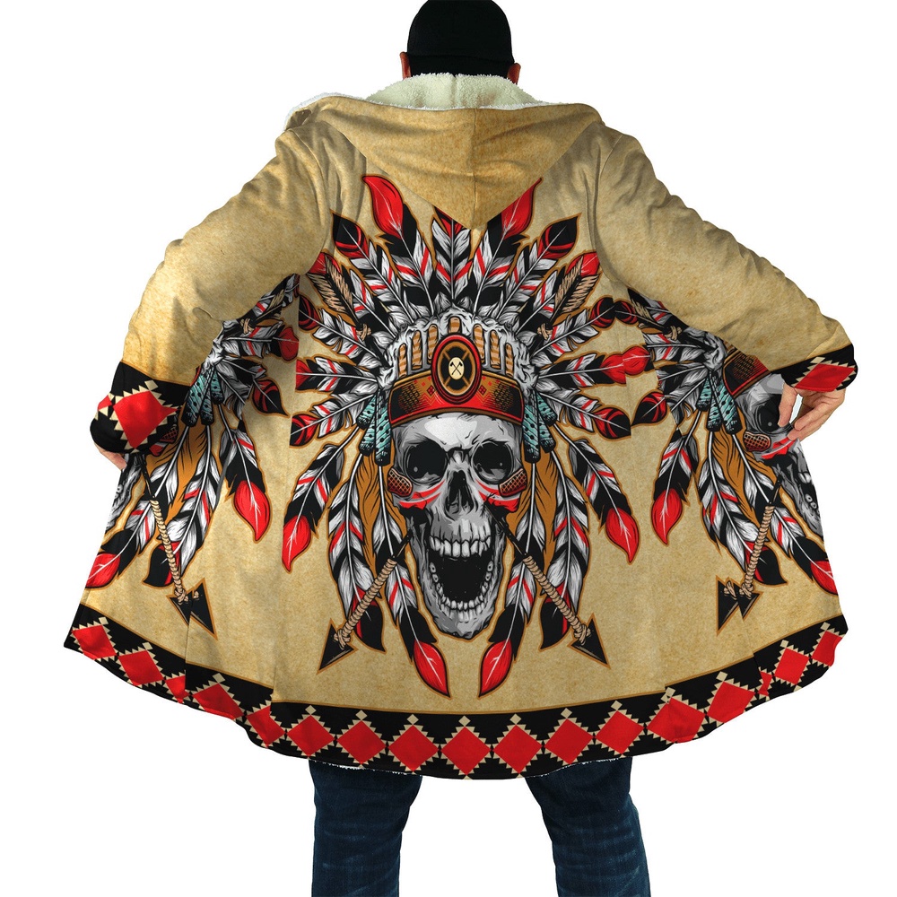 Native American Coat, Aboriginal Skull Mystic Native American 3D All Over Printed Hooded Cloak Coat
