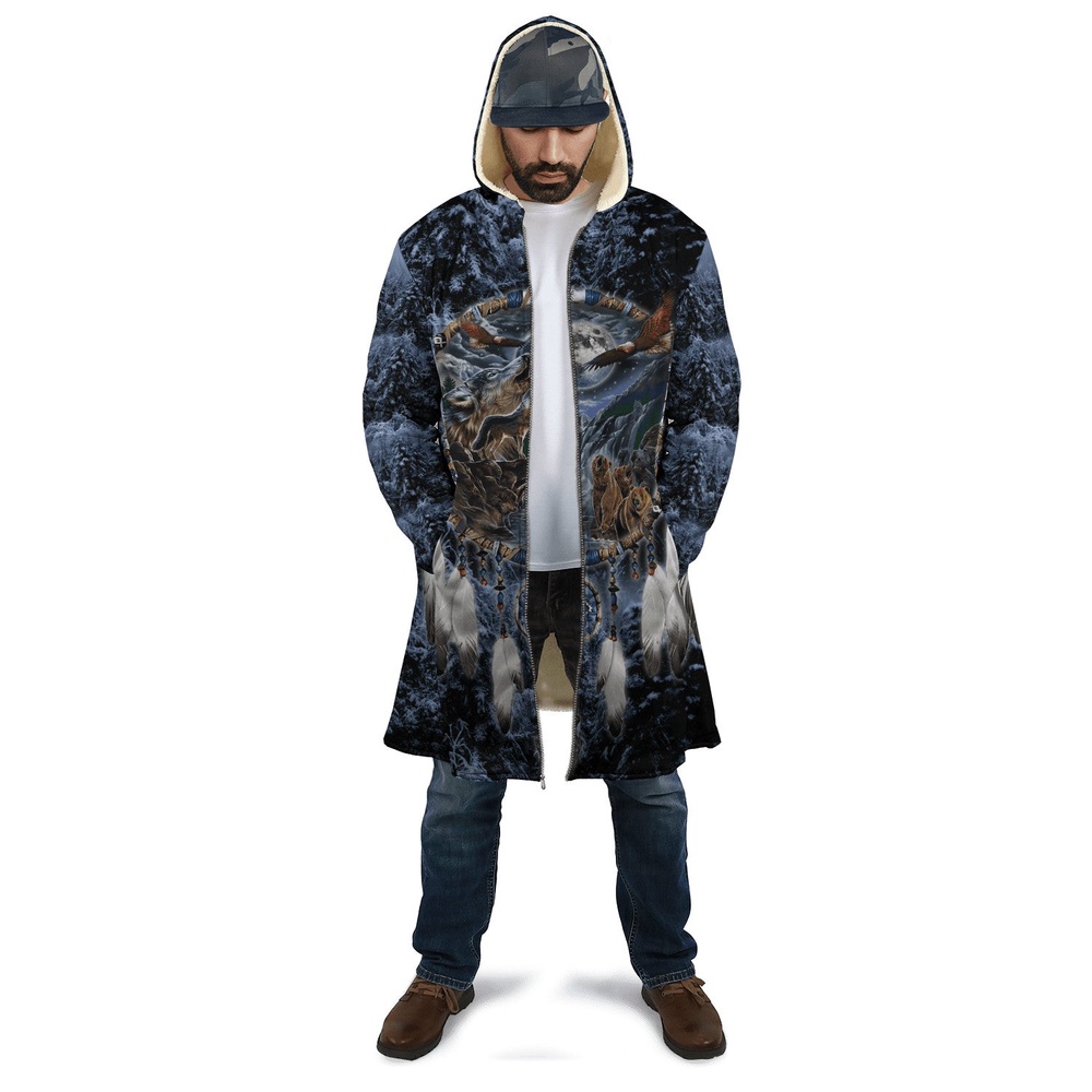 Native American Coat, Animals Under The Moon Native American 3D All Over Printed Hooded Cloak Coat Native American Coat, Animals Under The Moon Native American 3D All Over Printed Hooded Cloak Coat