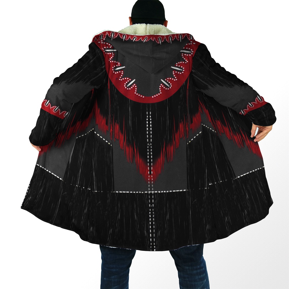 Native American Coat, Black Red Native American 3D All Over Printed Hooded Cloak Coat Native American Coat, Black Red Native American 3D All Over Printed Hooded Cloak Coat