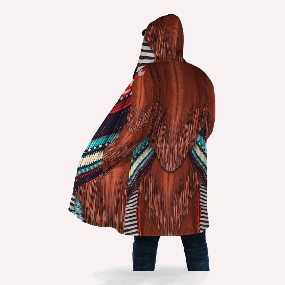 Native American Coat, Brown White Blue Native American 3D All Over Printed Hooded Cloak Coat Native American Coat, Brown White Blue Native American 3D All Over Printed Hooded Cloak Coat