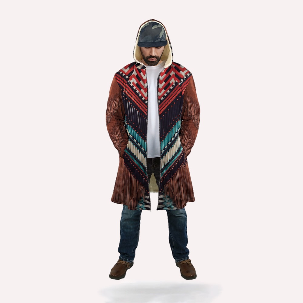 Native American Coat, Brown White Blue Native American 3D All Over Printed Hooded Cloak Coat Native American Coat, Brown White Blue Native American 3D All Over Printed Hooded Cloak Coat