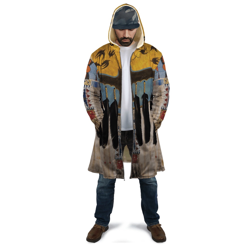 Native American Coat, Crow Pattern Native American 3D All Over Printed Hooded Cloak Coat