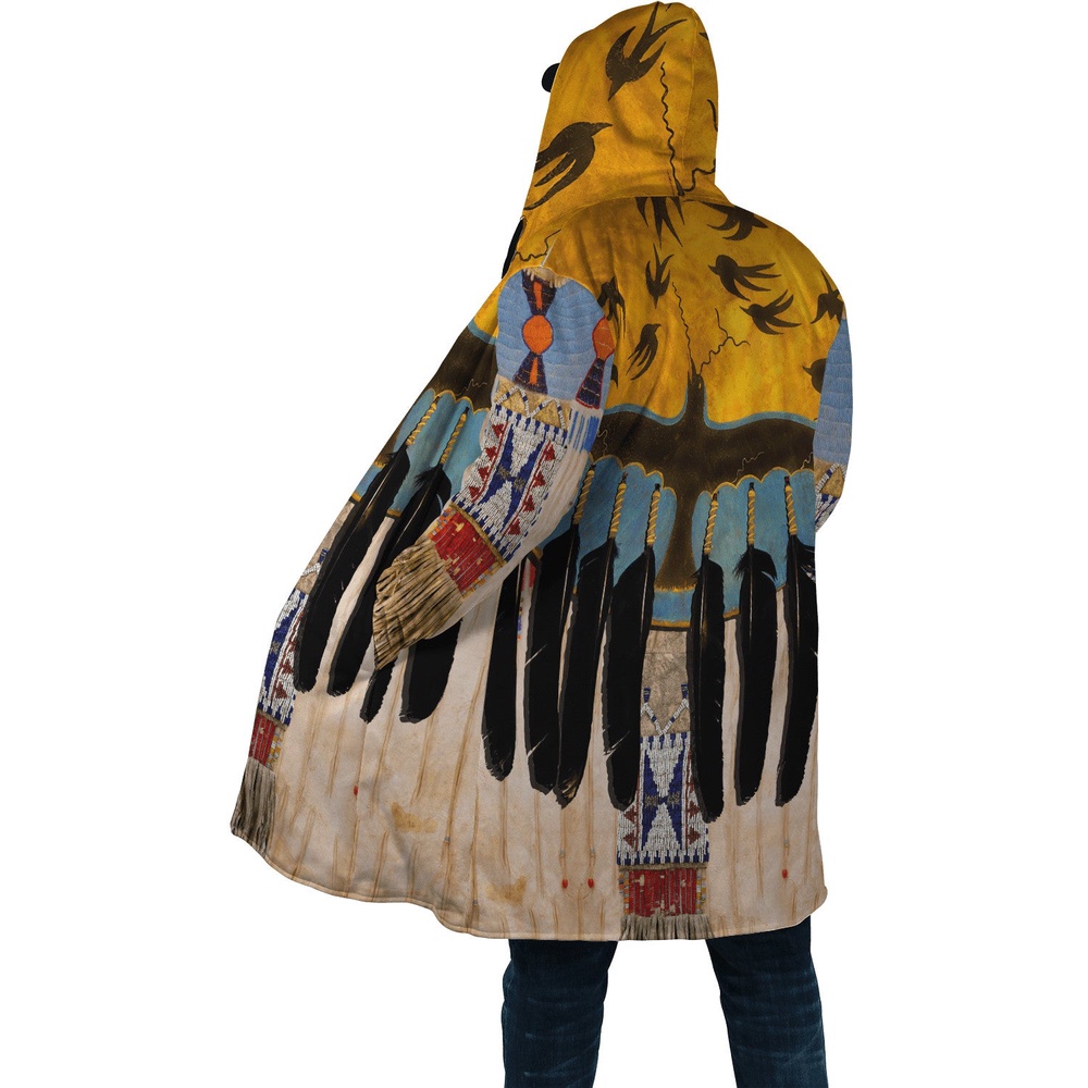 Native American Coat, Crow Pattern Native American 3D All Over Printed Hooded Cloak Coat