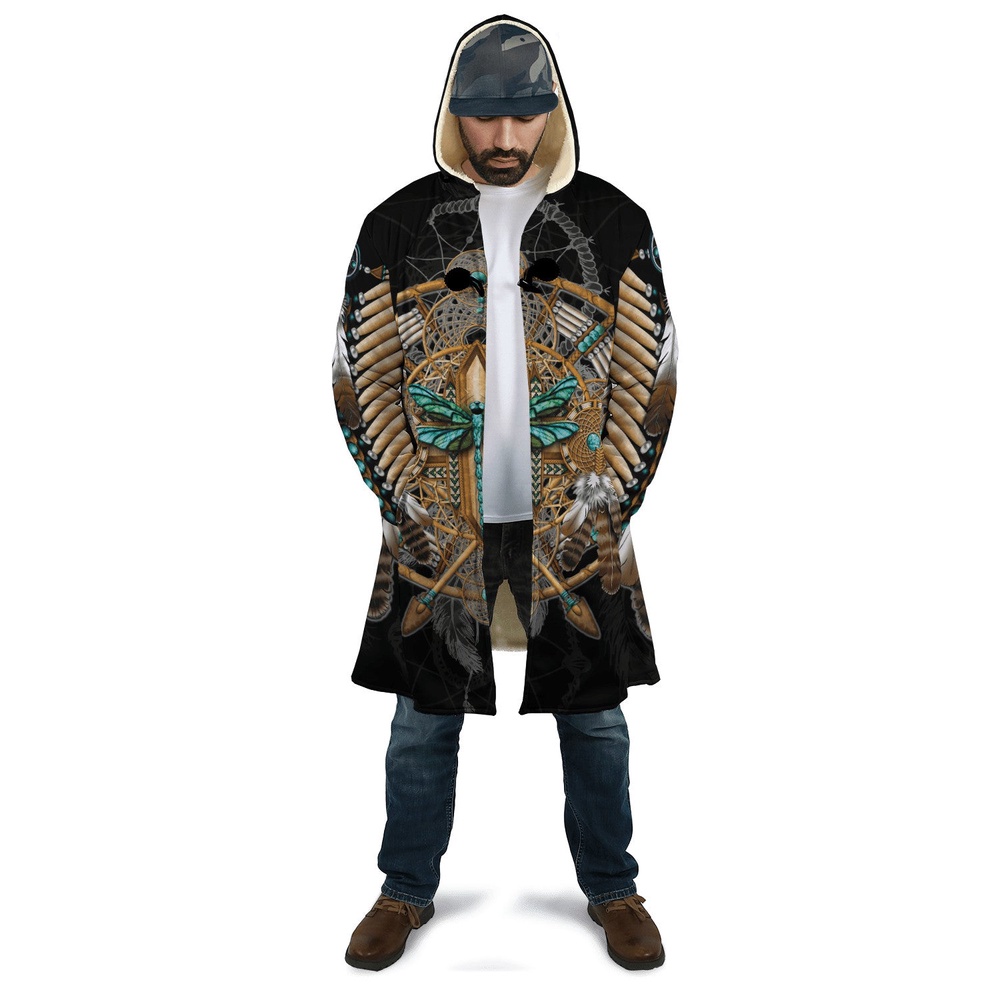 Native American Coat, Dragonfly Motif Native American 3D All Over Printed Hooded Cloak Coat