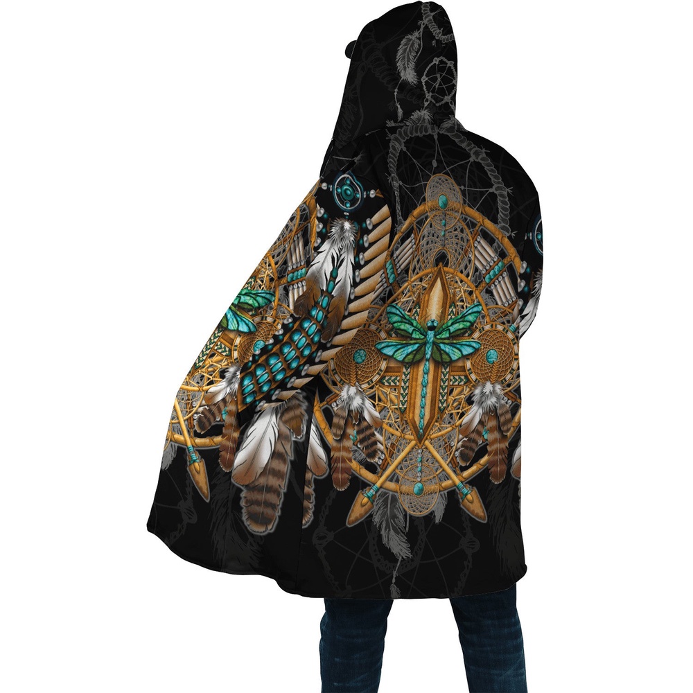 Native American Coat, Dragonfly Motif Native American 3D All Over Printed Hooded Cloak Coat