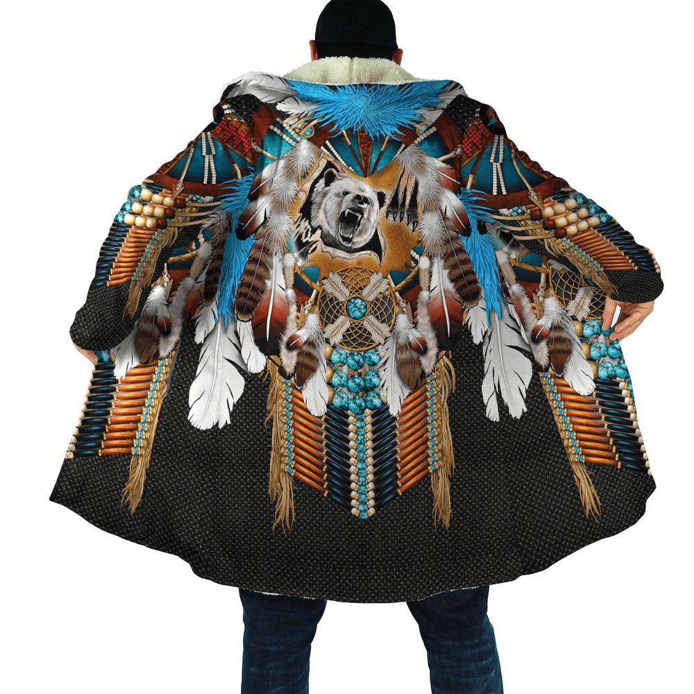 Native American Coat, Mighty Bear Native American 3D All Over Printed Hooded Cloak Coat Native American Coat, Mighty Bear Native American 3D All Over Printed Hooded Cloak Coat