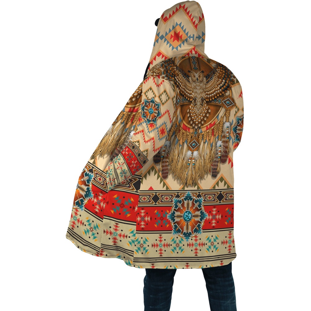 Native American Coat, Owl Patterns Native American 3D All Over Printed Hooded Cloak Coat
