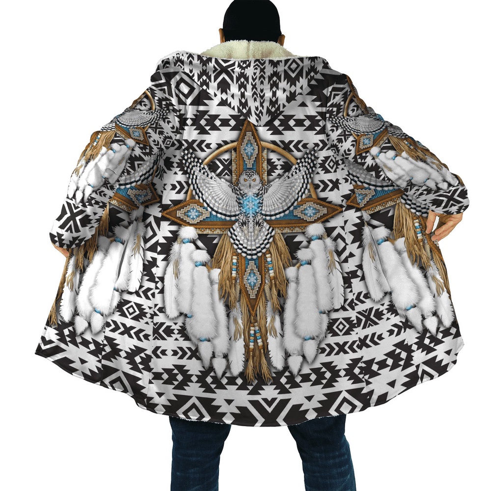 Native American Coat, White Owl Native American 3D All Over Printed Hooded Cloak Coat Native American Coat, White Owl Native American 3D All Over Printed Hooded Cloak Coat