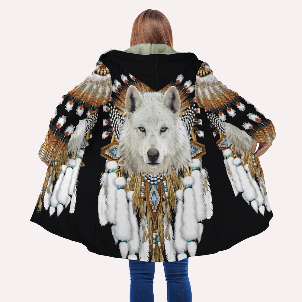Native American Coat, White Wolves Native American All Over Printed Hooded Cloak Coat, Native American Hoodies