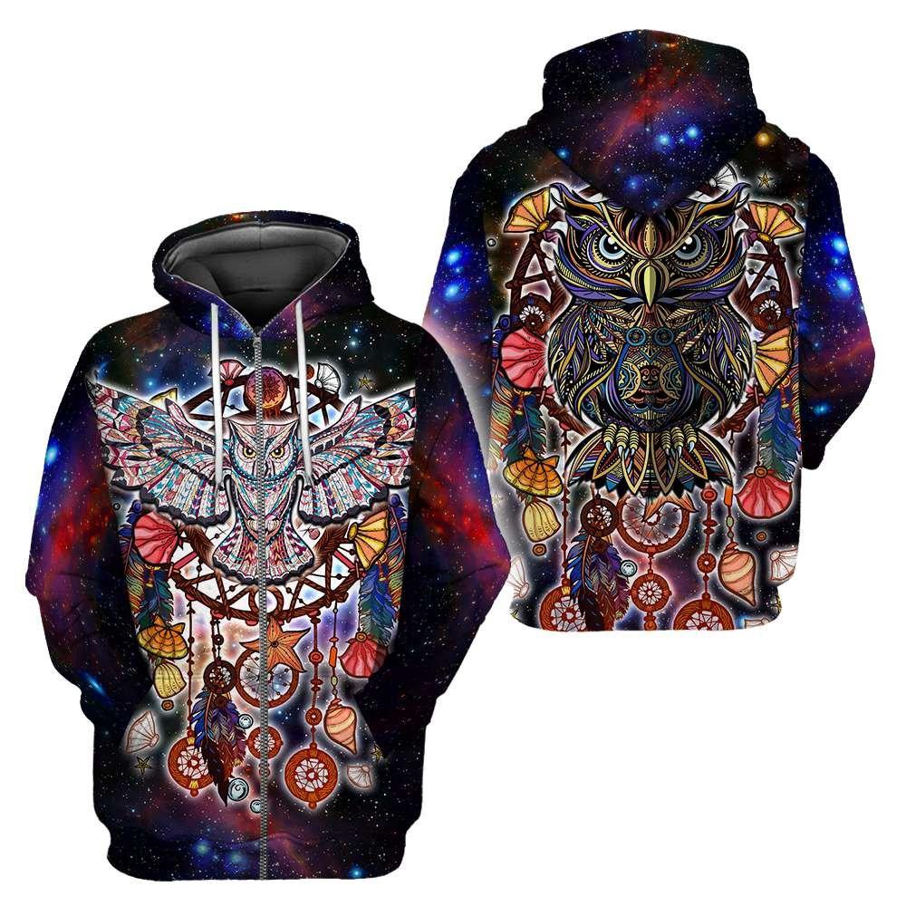 Native American Hoodie, Cosmic Owl Native American 3D Over Printed Hoodie, Native American Style Hoodie
