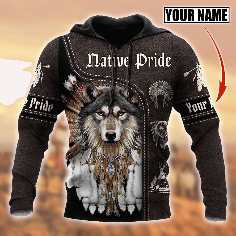 Native American Hoodie, Customize Name Wofl Native American Pride 3D All Over Printed Hoodie, Native American Style Hoodie