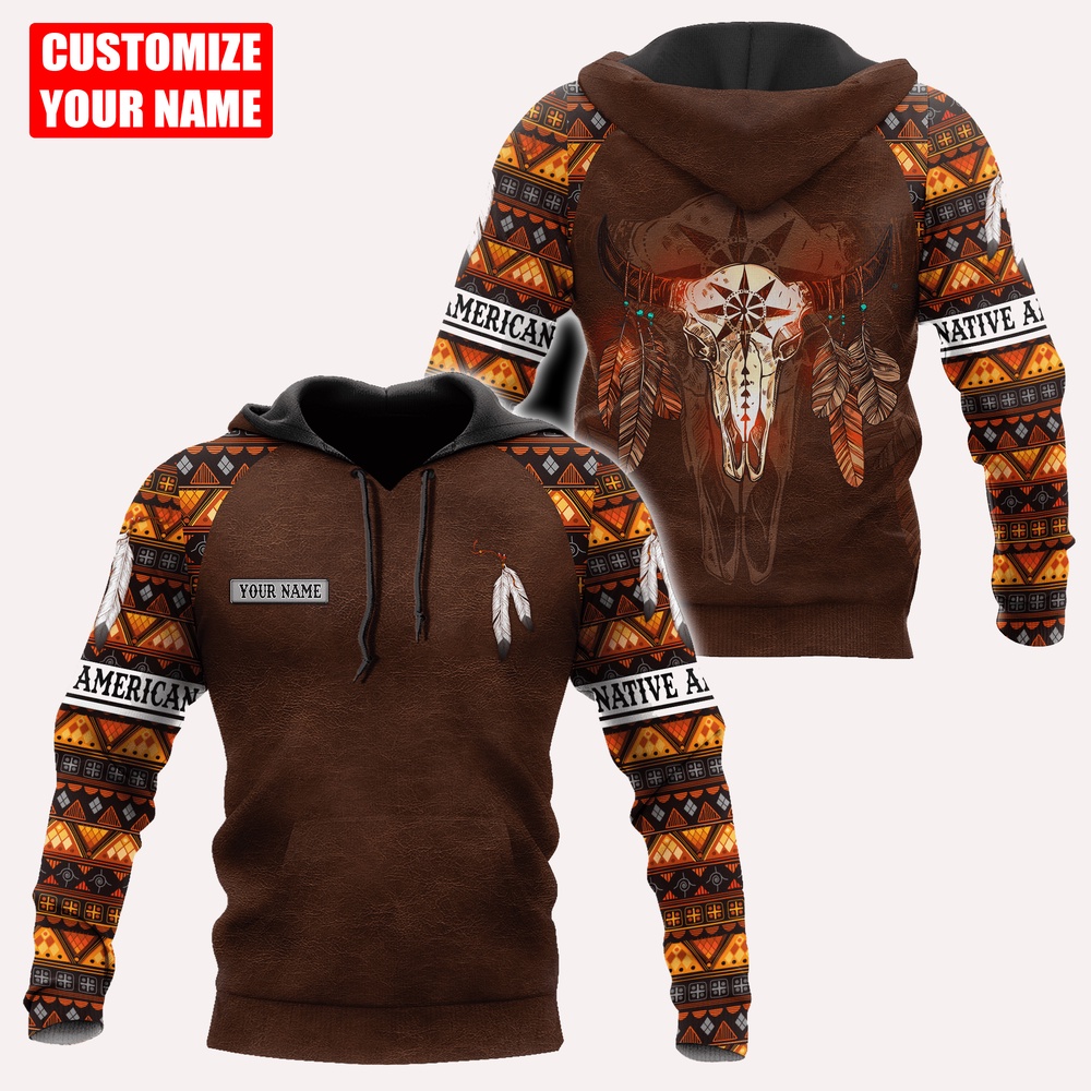 Native American Hoodie, Customized Name Cow Skull Native American 3D All Over Printed Hoodie, Native American Style Hoodie