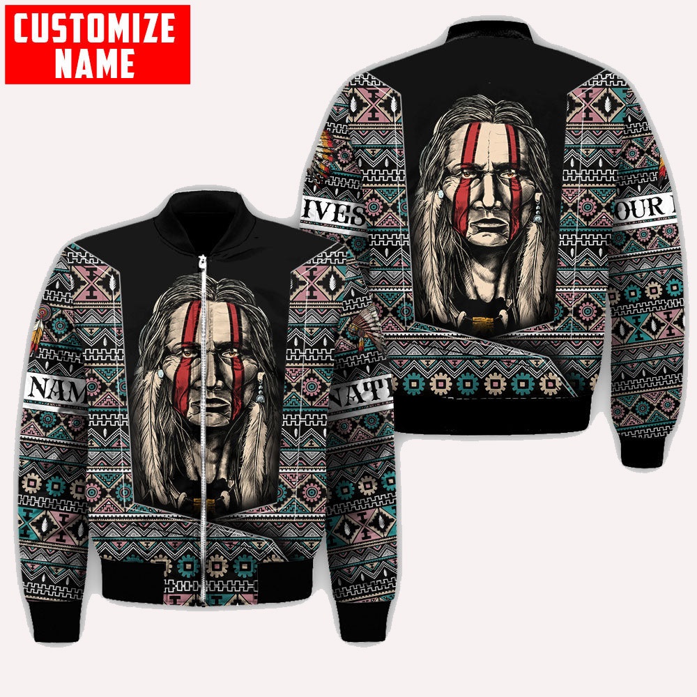 Native American Jacket, Customized Name Brocade Patterns Native American 3D All Over Printed Bomber Jacket