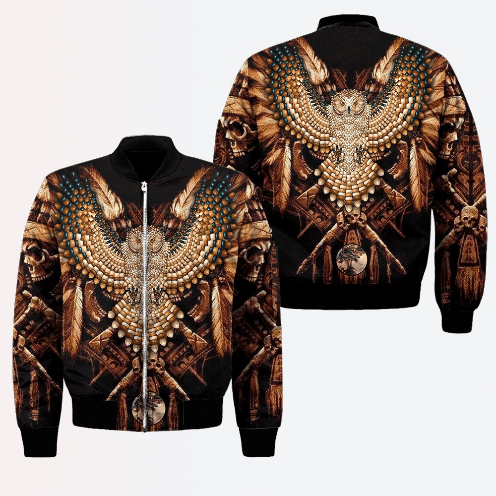 Native American Jacket, Owl Pattern Native American 3D All Over Printed Bomber Jacket
