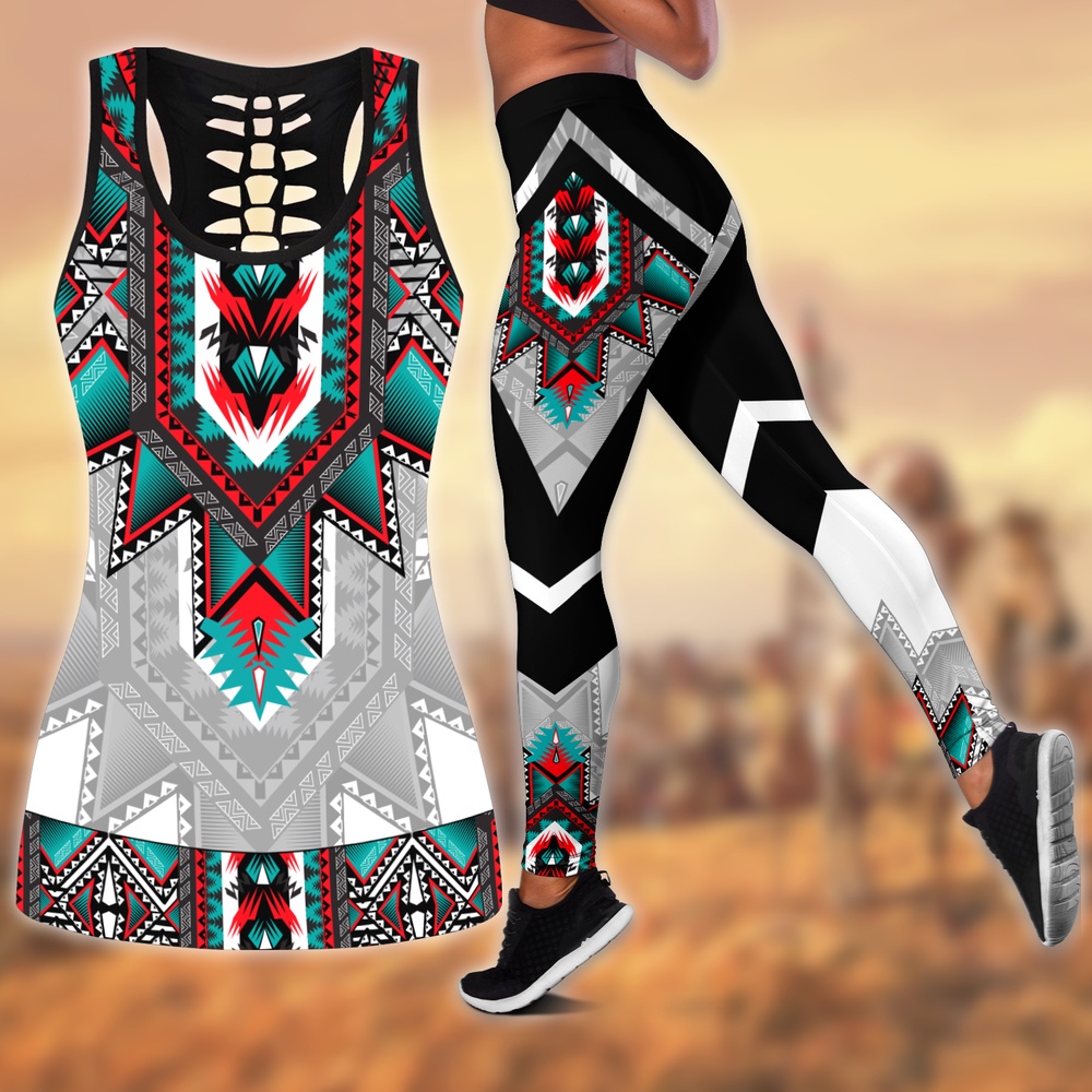 Native American Leggings, Antique Motifs Native American Hollow Tanktop Leggings Set, Native American Tank Tops