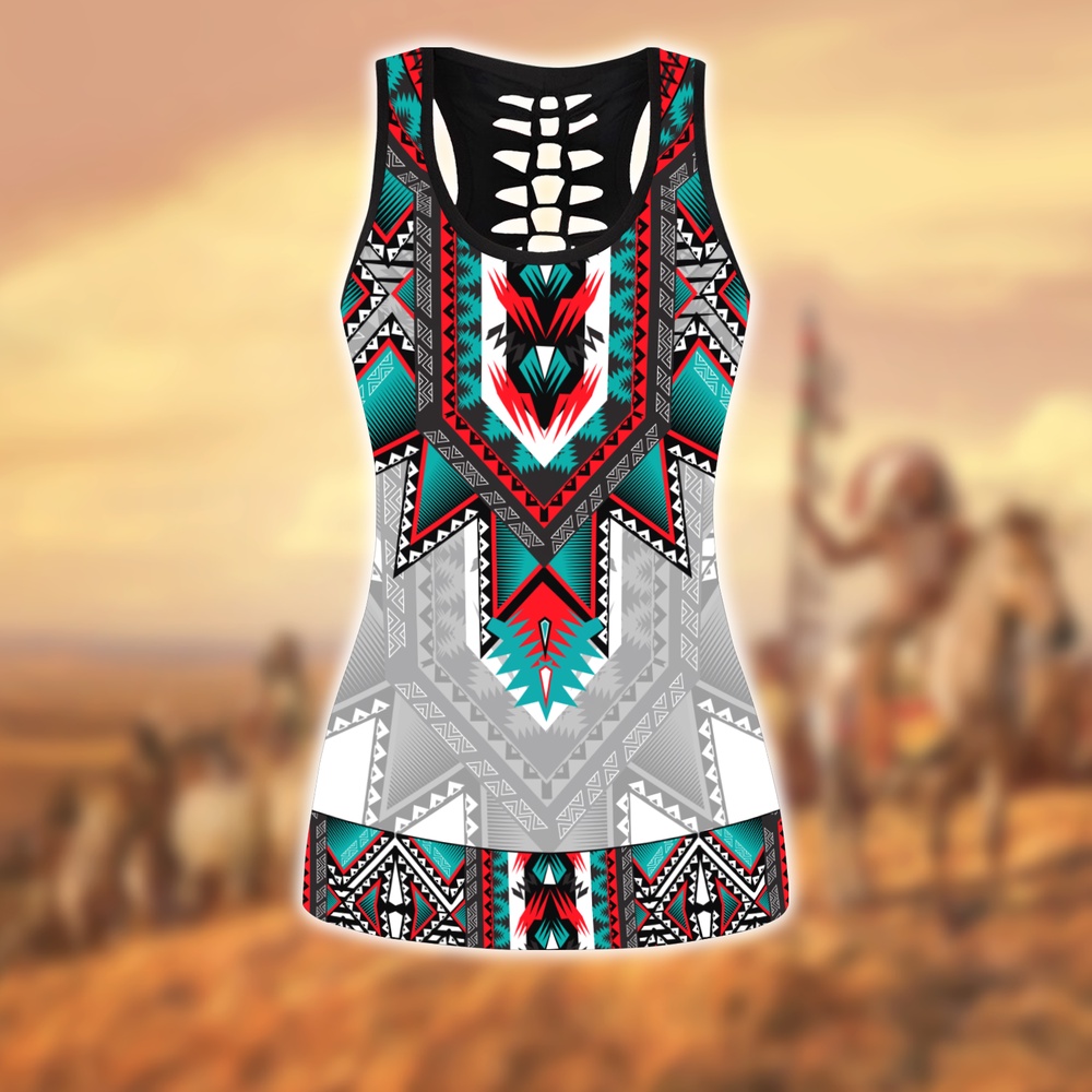 Native American Leggings, Antique Motifs Native American Hollow Tanktop Leggings Set, Native American Tank Tops
