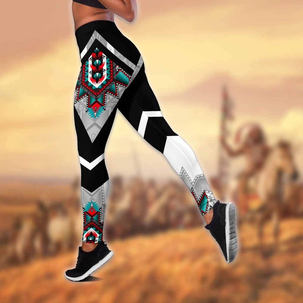 Native American Leggings, Antique Motifs Native American Hollow Tanktop Leggings Set, Native American Tank Tops