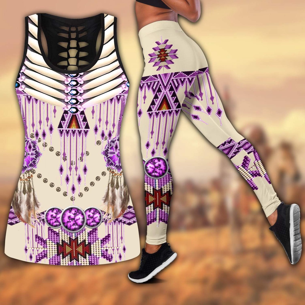 Native American Leggings, Beadwork Motifs Native American Hollow Tanktop Leggings Set, Native American Tank Tops