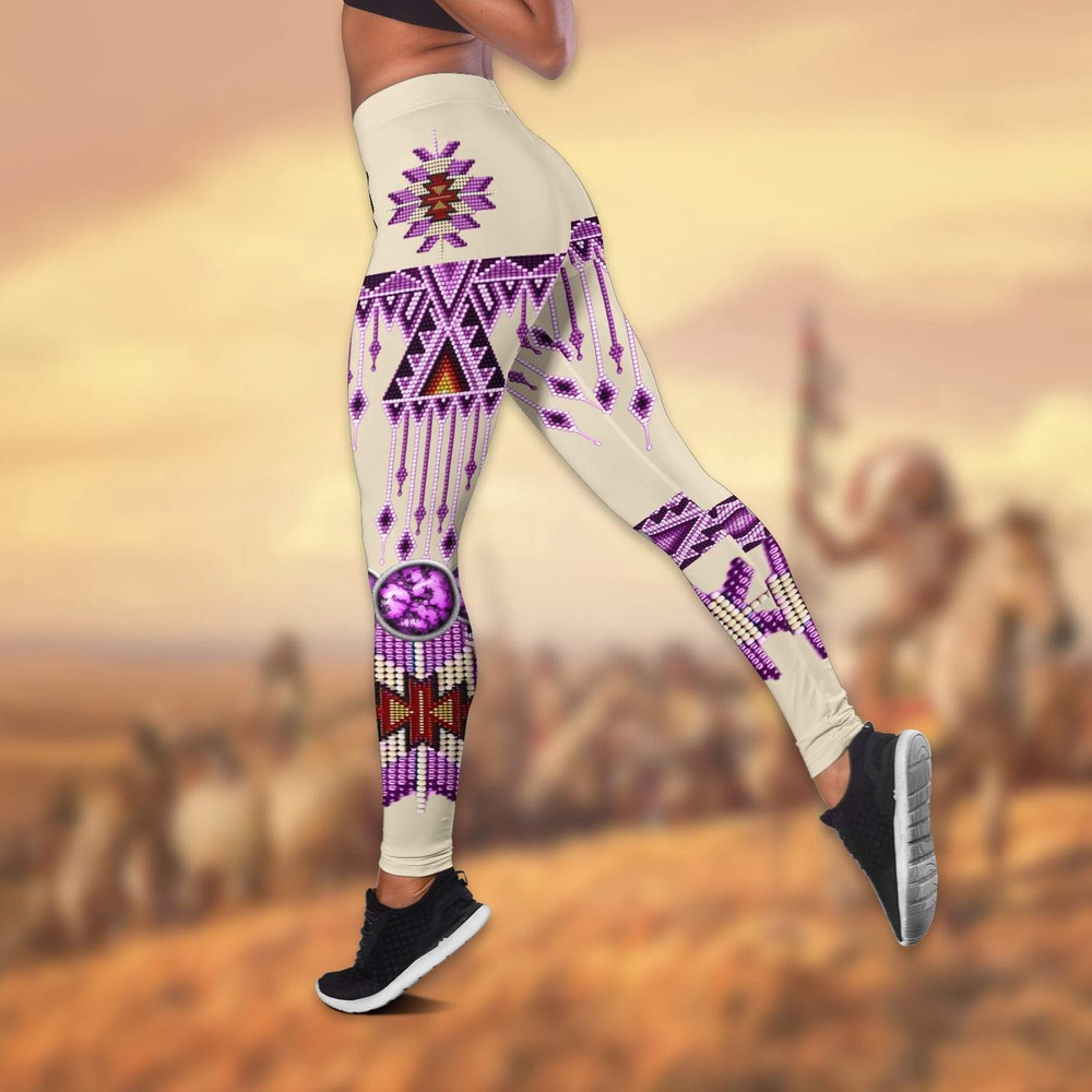 Native American Leggings, Beadwork Motifs Native American Hollow Tanktop Leggings Set, Native American Tank Tops